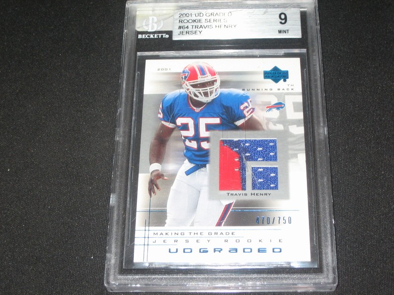 TRAVIS HENRY BILLS CERTIFIED AUTHENTIC GAME USED FOOTBALL JERSEY CARD BECKETT 9