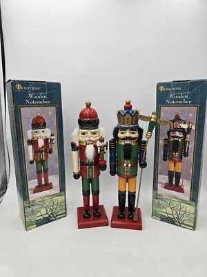 Set Of 2 Wood 14'' Nutcrackers Vintage Traditions Holding Mini Nutcracker & Staff