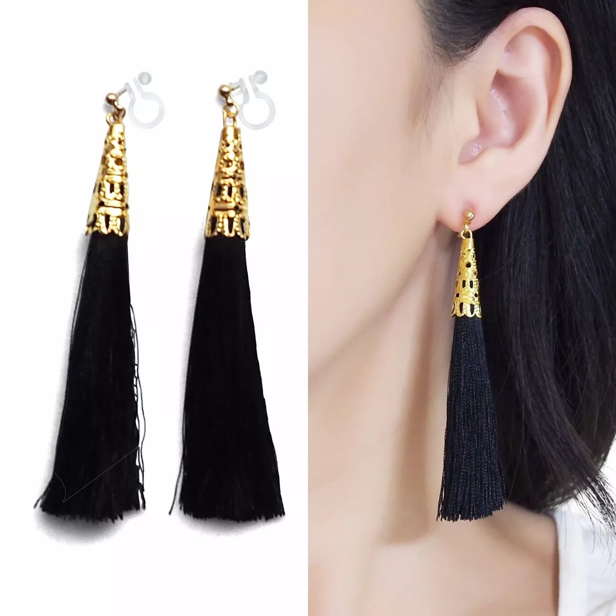 Long Black Tassel Invisible Clip on Earrings Dangle Gold Fringe