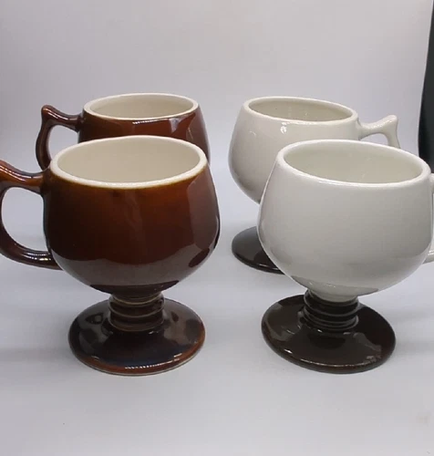 Vtg HALL Restaurant Ware #2274 Pedestal Mugs Brown White Footed USA Set of 4 