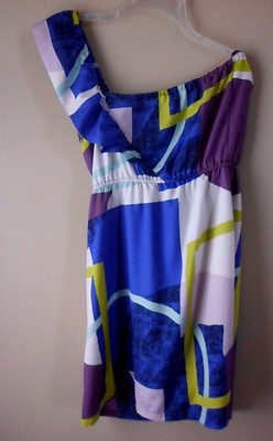 Roxy Dress Blue Purple White Size Medium Geometric Print Ruffle One Shoulder 