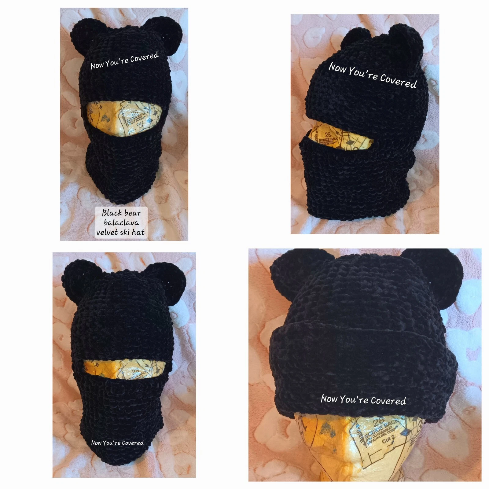 NWT Black bear balaclava ski mask unisex Crochet velvet beanie hat / ears NoYoCo