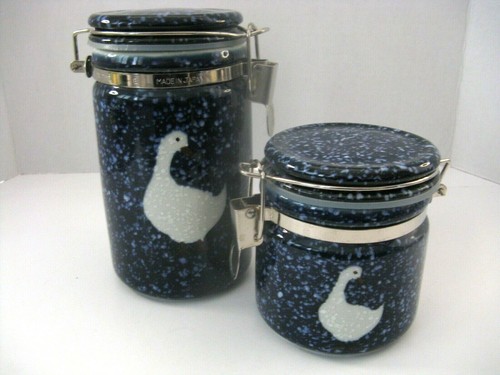 OTAGIRI Two Spackled Goose Blue Canisters Jars 4-1/2" & 7-1/4" Japan UNUSED