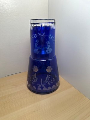 Antique Bohemian Czech Cobalt Blue Cut to Clear Bedside Water Decanter & Glass