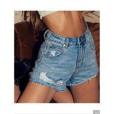 Princess Polly High-Rise Light Blue Distressed Denim Shorts Size 4