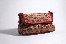 Fendi Beige/Red Monogram Flap Shoulder Bag Magnetic Closure Gold Hardware