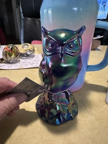 Fenton Glass Owl Figurine - Iridescent Carnival Glass vintage 6”