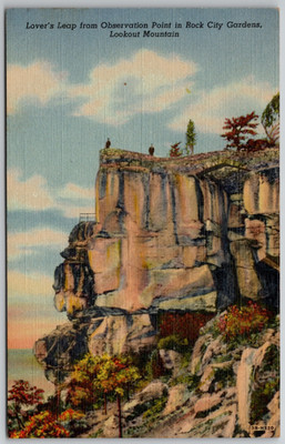 c1943 Postcard Lovers Leap Observation Point Rock City Gardens Lookout Mountain