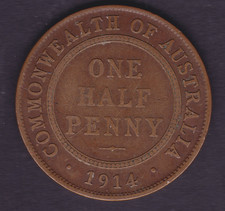 Australian Rare 1914 L Halfpenny George V 6 PEARLS LOW MINTAGE COIN (HF105)