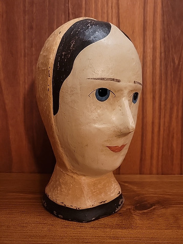 VINTAGE FRENCH HAND PAINTED PAPIER MACHE MAROTTE BUST MILLINERS HEAD HAT STAND