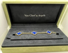 RARE Van Cleef & Arpels Vintage Alhambra Bracelet – 18K Yellow Gold & Lapis 7.5"