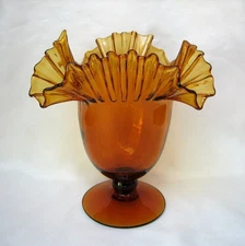Vintage Blenko Glass #487 Crimped Top Vase in Amber Anderson 1948 Mid Century