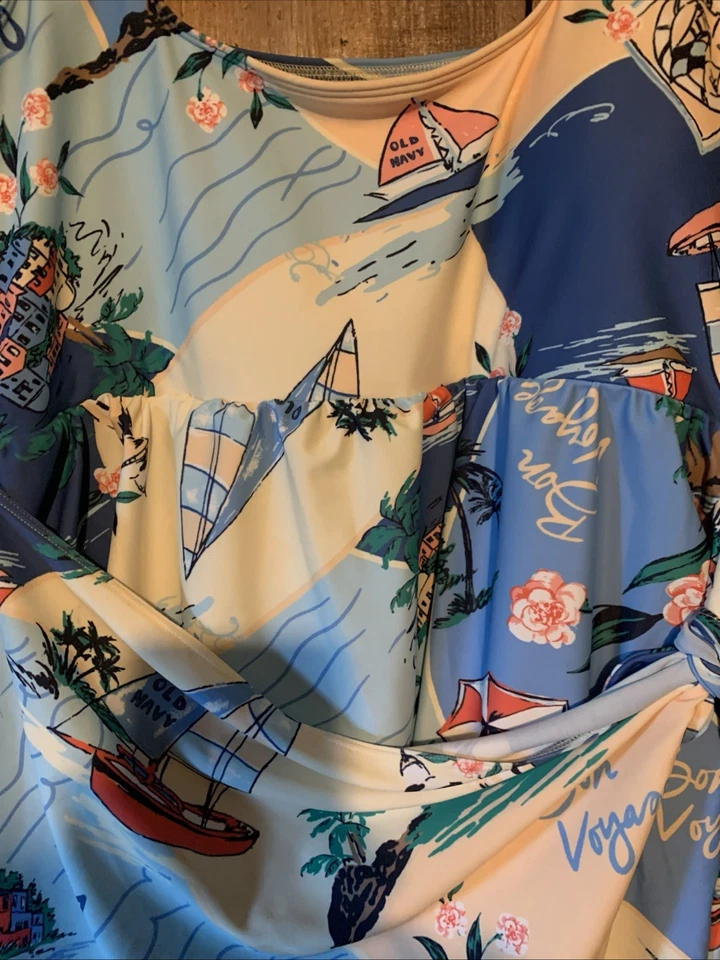 Antiguo traje de baño clásico azul marino de una pieza palmera velero isla falda envolvente grande Foto 4 de 4