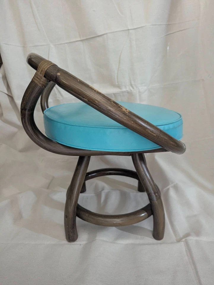 Vintage Rattan Bamboo Round Saucer Swivel Vanity Chair - Image 4 of 4