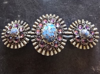 Vintage Kandall & Marcus Purple  Rhinestone Turquoise Brooch Gold Tone Ruffles