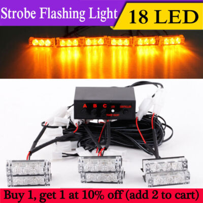 18 LED Strobe Dash Emergency Flashing Warning Lights for Car Truck Yellow Amber