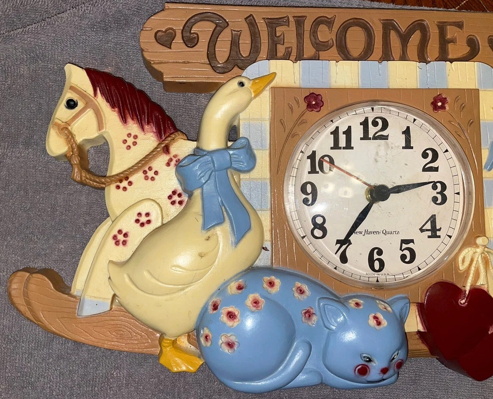 Reloj de Pared Vintage Burwood Homco New Haven “Bienvenido” Gansos Gato Caballo Diseño EE. UU. Foto 4 de 4
