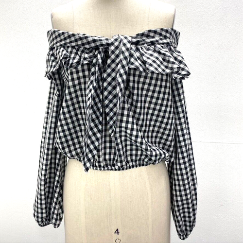 Lovers + Friends Women's Gingham Off Shoulder Rebecca Top Tie Neck Black/White M - Picture 3 of 10