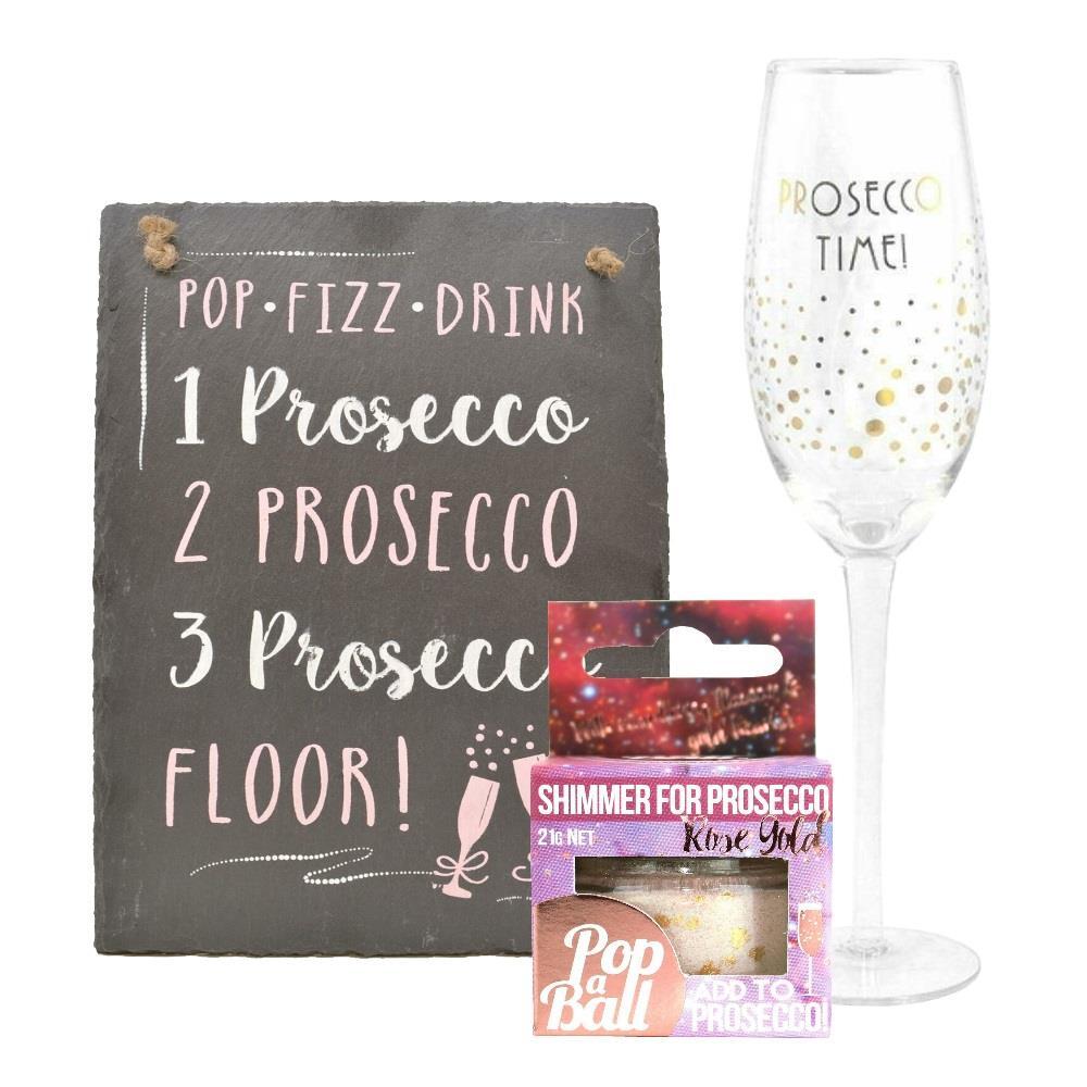 Prosecco Time Champagne Glass Rose Gold Shimmer & Hanging Slate Decor Gift Set