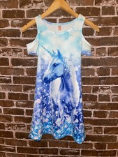 JUSTICE GIRLS SIZE 8/10 UNICORN DRESS COLD SHOULDER BLUE BLING STUDS 8 10