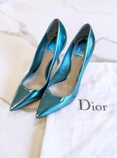  1390 MSRP Dior Metallic Blue Leather Cherie Pointed Toe Pumps Size 37.5, Italy