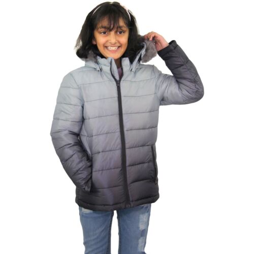 Kids Girls Jackets Grey Faux Fur Hooded Two Tone 3D Puffer Bubble Padded Coats - Picture 1 of 10