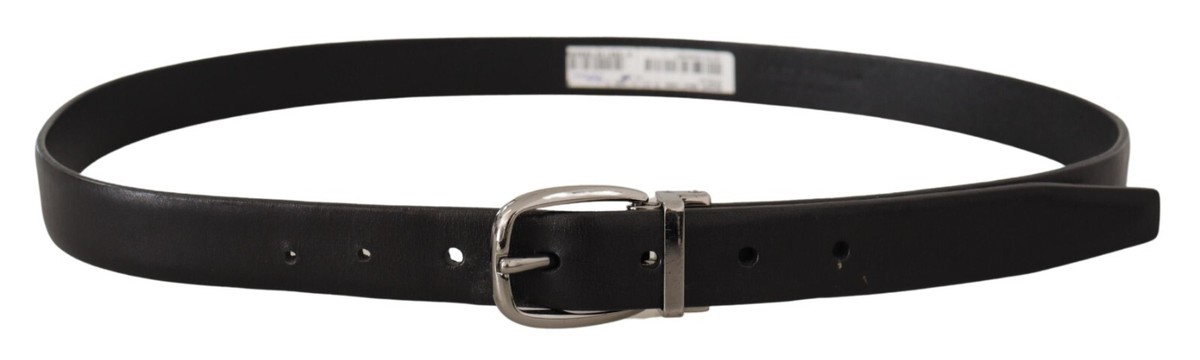 DOLCE & GABBANA Belt Classic Black Leather Chrome Logo Metal