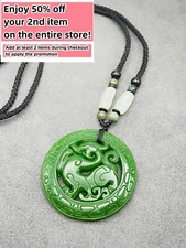Jade Dragon Charm Pendant Necklace W/ Beads Cord Handmade Carved Green Gemstone
