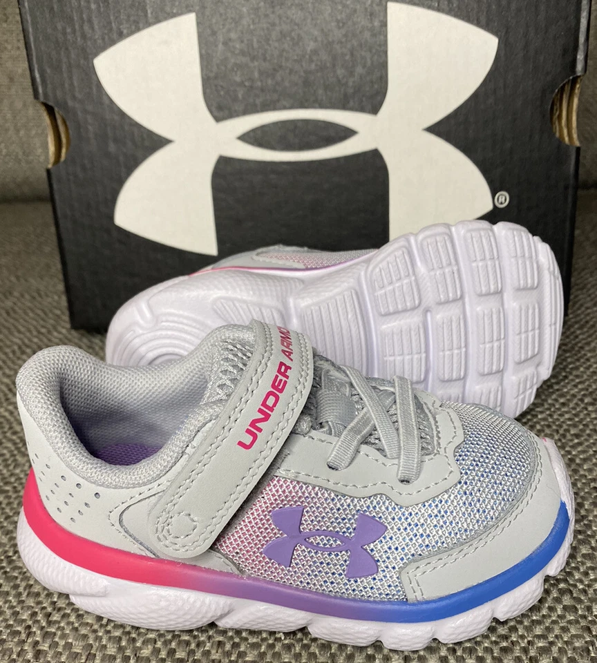 Zapatilla deportiva Under Armour para niñas pequeñas 5 K "Assert 9 AC" gris rosa gancho y bucle NUEVA Foto 3 de 4