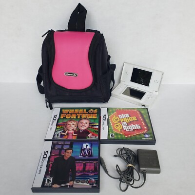 Nintendo DS Lite USG-001 Polar White Handheld w/ Charger 3 Games & Mini Backpack