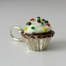 Sterling Silver CUPCAKE Charm for Bracelet CHOCOLATE Birthday Gift BAKING Enamel