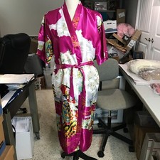 Satin Kimono Style Robe-Black Floral Peacock Pattern-Unbranded-S/M