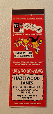 Vintage Hazelwood Lanes (bowling) Hazelwood MO, front strike matchbook cover