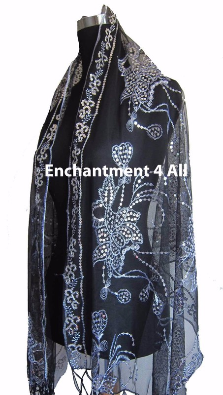 Elegant Oblong Lace Floral Art Scarf Wrap w/ Sequin Black/silver