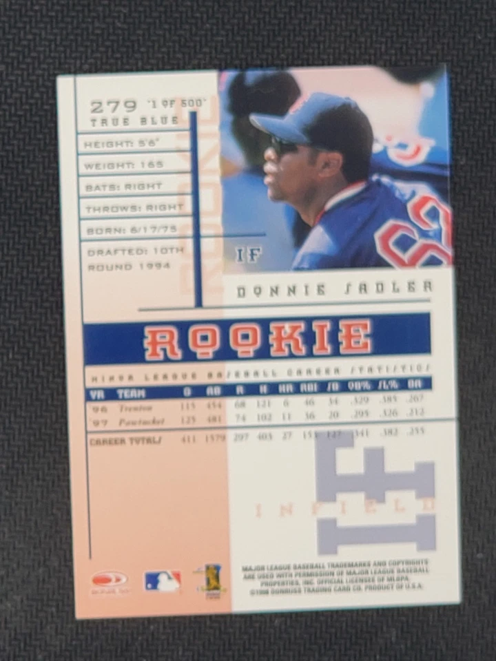 1998 Leaf Rookies & Stars Rookie True Blue /500 Donnie Sadler #279 - Image 2 of 2