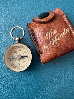 Vintage Small Brass Pocket Compass Pathfinder In Leather Case