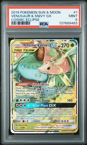 2019 POKEMON SUN & MOON COSMIC ECLIPSE #1 VENUSAUR & SNIVY GX PSA 9