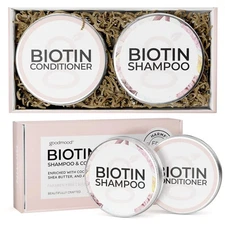 Biotin Shampoo and Conditioner Bars in Reusable Travel Metal Tins, Solid Shampoo
