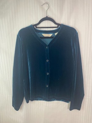 Bechamel Women s Teal Blue Velvet Cardigan Top Size Medium Button Front Stretch