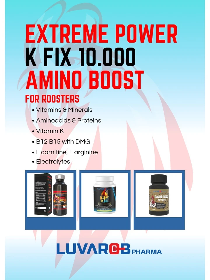 LUVAROBPHARMA 3x1 pack B12 5500, Vitamin K ,Aminoacids Vitamin For Rooster, Hen , Chickens