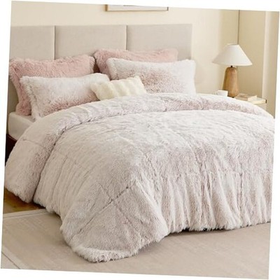  Queen Comforter Set Fur-Like Shaggy Comforters for Queen Full/Queen Pink/White