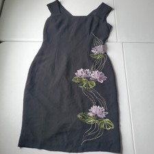 90s Maggy London Dress Womens 8 Black Beaded Floral Embroidered Sheath Cocktail