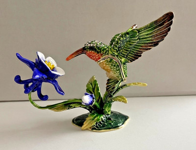 Green Hummingbird & Blue Columbine Flower Trinket Box, jeweled, enameled, NIB