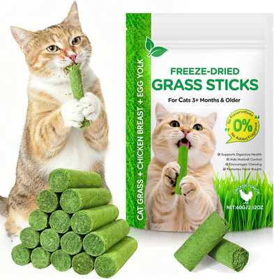 ISUNRISE 60g/2.12oz Cat Grass Sticks, Delicious Freeze-Dried Cat Grass Treats Ed