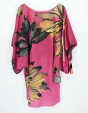 La Fuori Dress Womens L Pink Floral Silk Kaftan Retro Glam Resortwear Statement