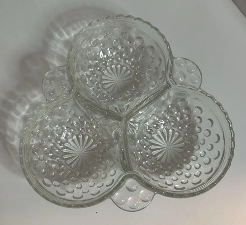 Vintage Anchor Hocking Hobnail Clear Clover Shaped 3 Part Divided Relish Dish