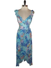 GUESS Size 12 Maxi Dress Blue Coral Pink Sleeveless Ruffles