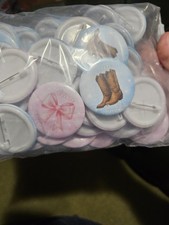 Boots or Bows set 60 Gender Reveal pins NIP baby team shower pink blue mom dad