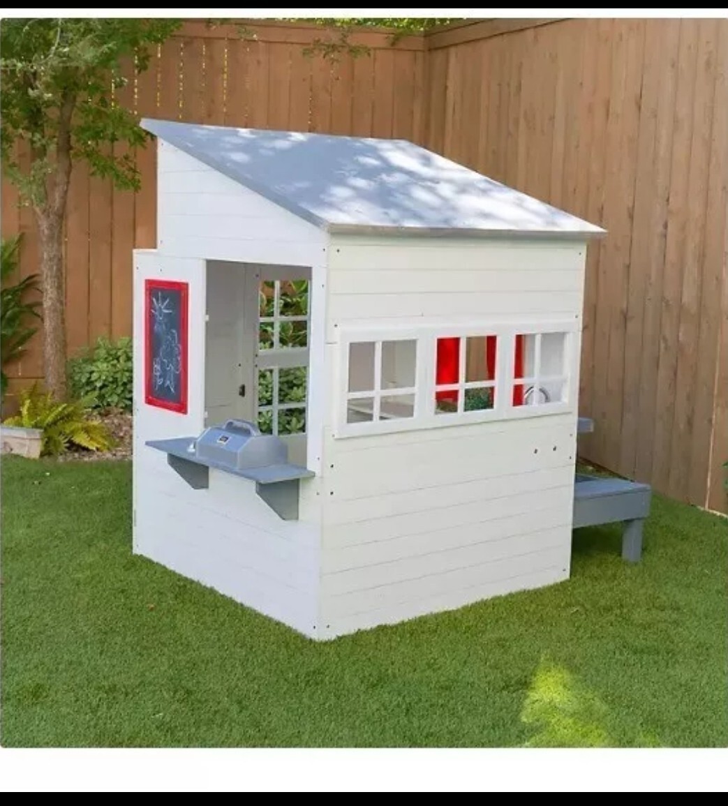 Modern Outdoor Wooden Playhouse with Picnic Table, Mailbox &