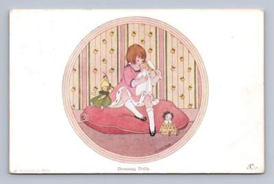 Little Girl ''Dressing Dolly'' Antique HW Le Mair Art Postcard Harrogate UK 1915